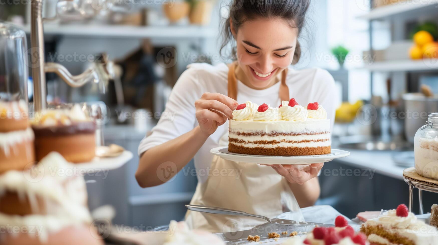Baker decorating a freshly made cake with raspberries at a bustling bakery in the afternoon light photo