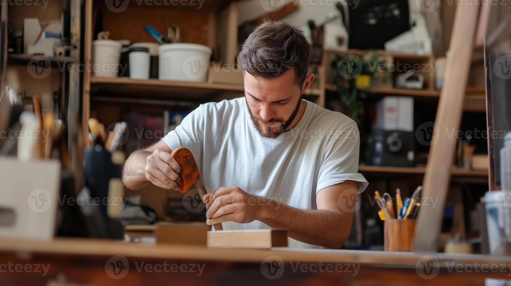Craftsman working diligently in a workshop, applying glue to wood for a project during daylight hours photo