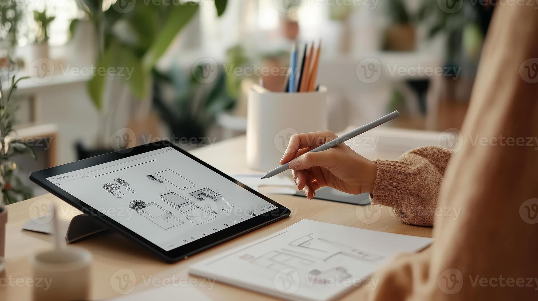 Creative individual sketching interior design ideas on a digital tablet at a bright workspace filled with plants during daytime photo