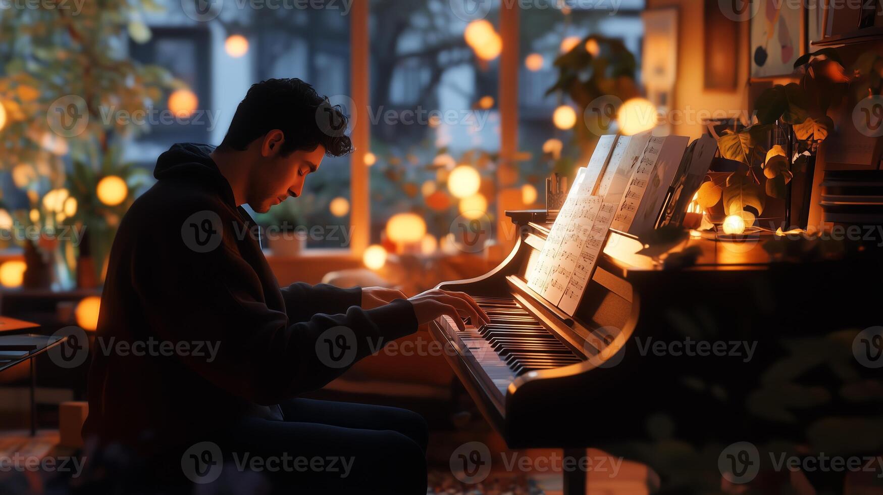 A young musician plays a grand piano surrounded by warm lights and cozy ambiance in a beautifully lit room during the evening photo