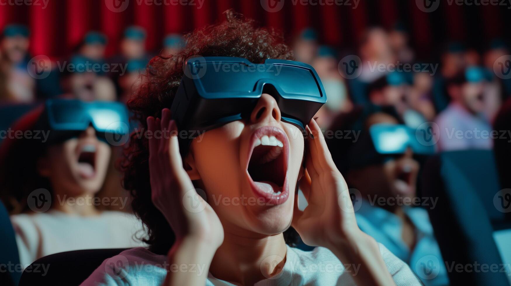 Audiences intensely react to thrilling scenes while wearing 3D glasses in a modern cinema during an exciting film screening photo