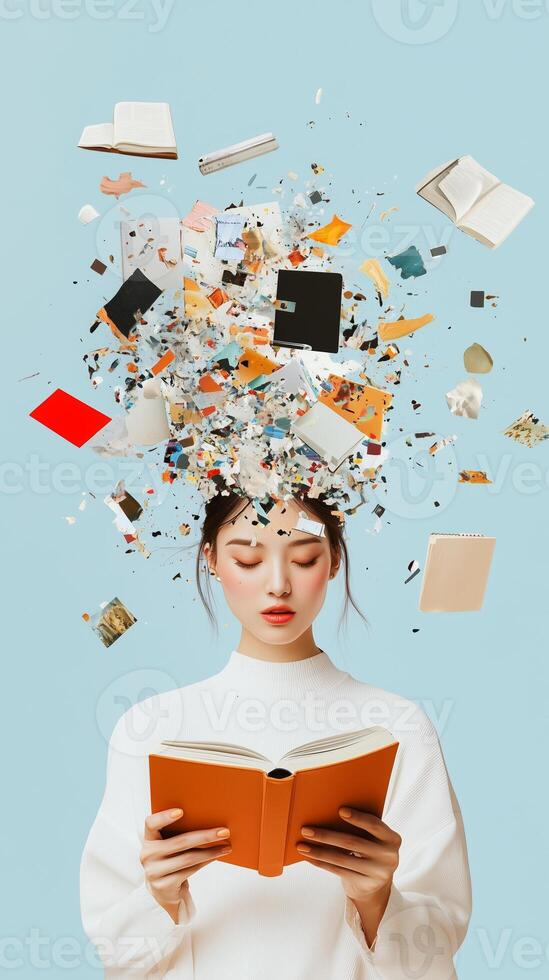 A woman reading a book surrounded by flying pages and colorful snippets of paper against a light blue background photo