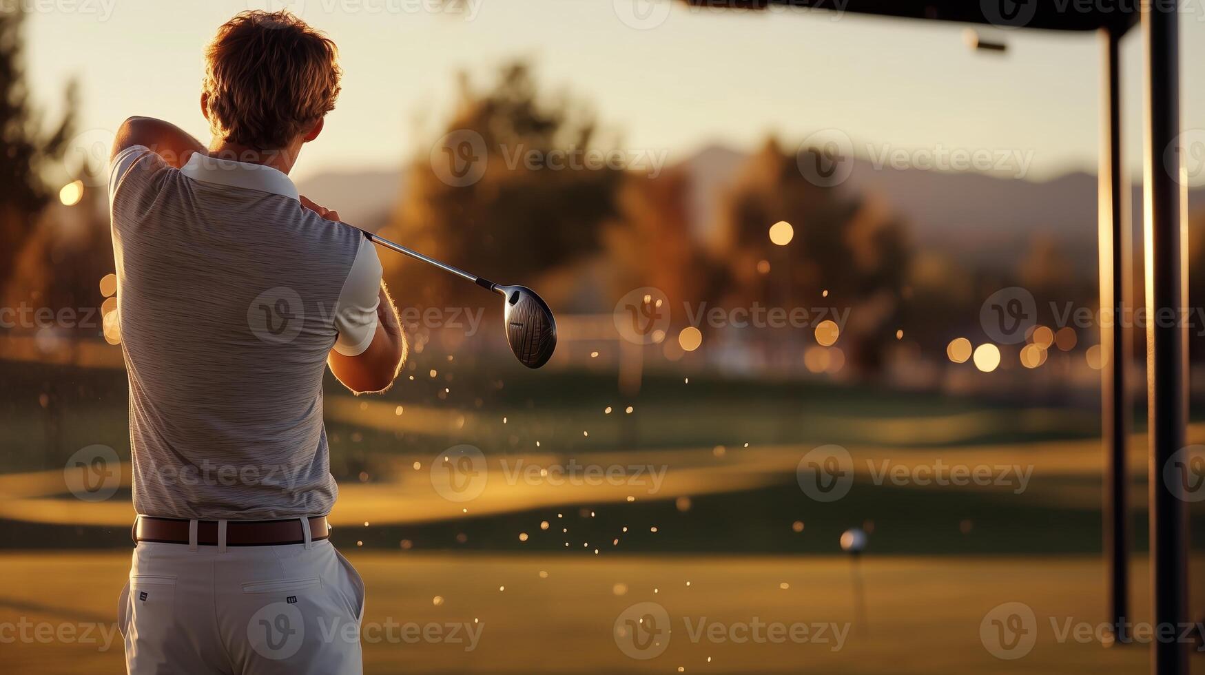 A golfer practicing his swing during sunset at an open golf course near the mountains, capturing the golden hour's warm glow photo