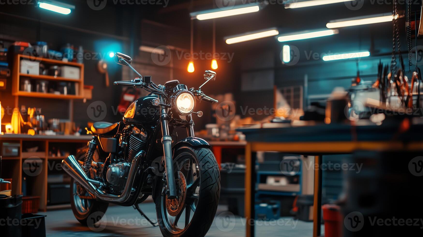 A vintage motorcycle parked in a well-lit workshop with tools and shelves filled with supplies during early evening hours photo