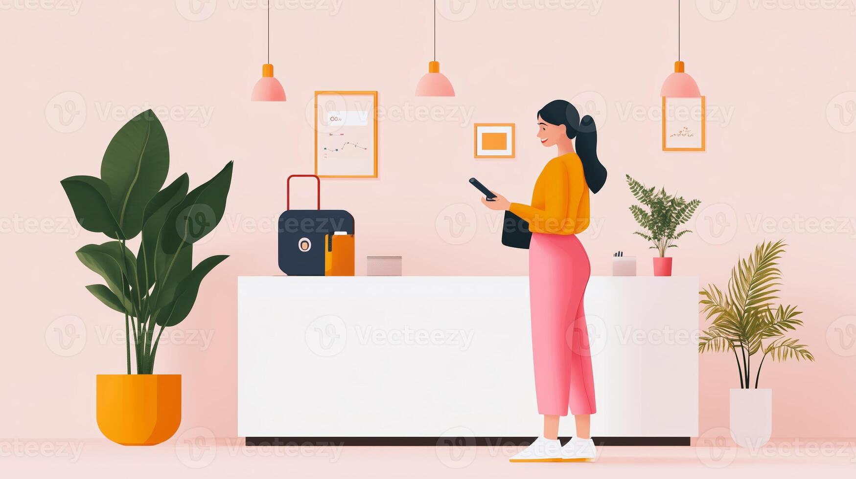 A woman checks her phone while standing at a stylish front desk in a modern, brightly colored lobby with plants and soft lighting photo