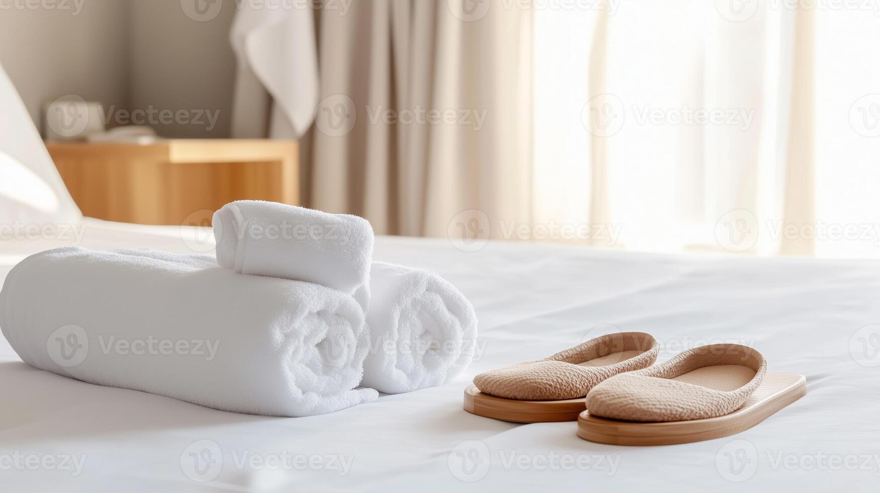 Soft towels and cozy slippers arranged neatly on a hotel bed in a bright, comfortable room during the day photo