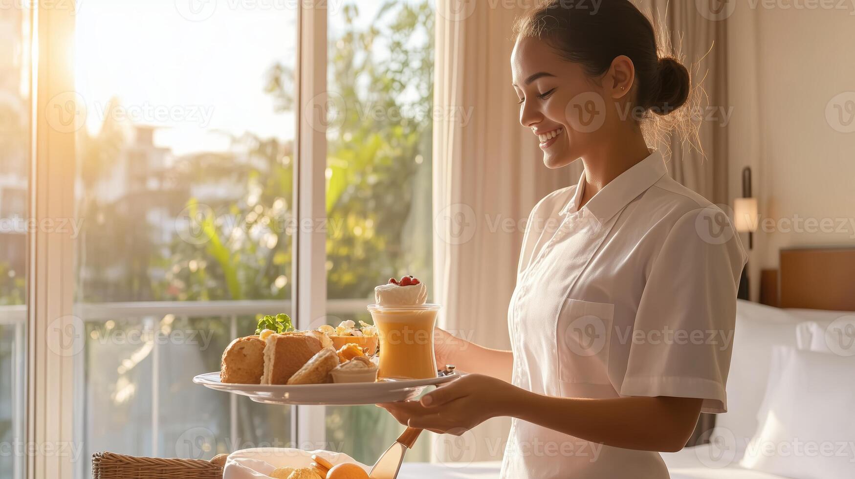A smiling server delivers a delicious breakfast tray in a sunlit hotel room during a serene morning photo