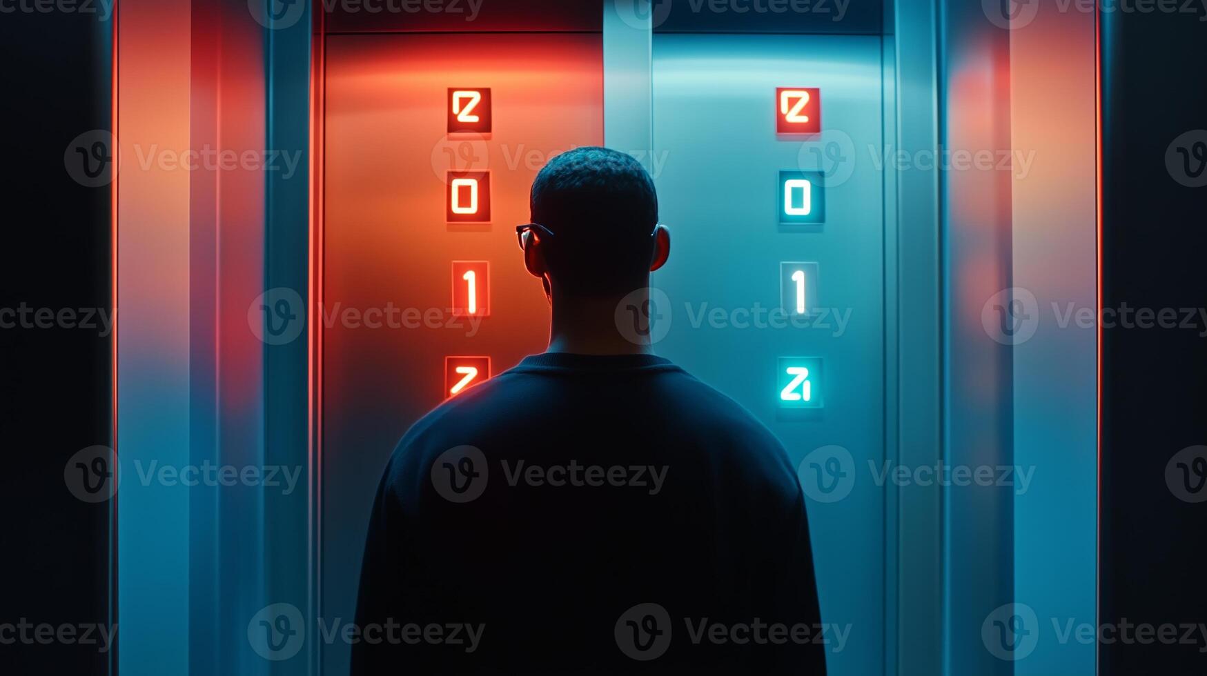 A person stands in front of illuminated elevator buttons in a modern building at night, contemplating their selection in a vibrant atmosphere photo
