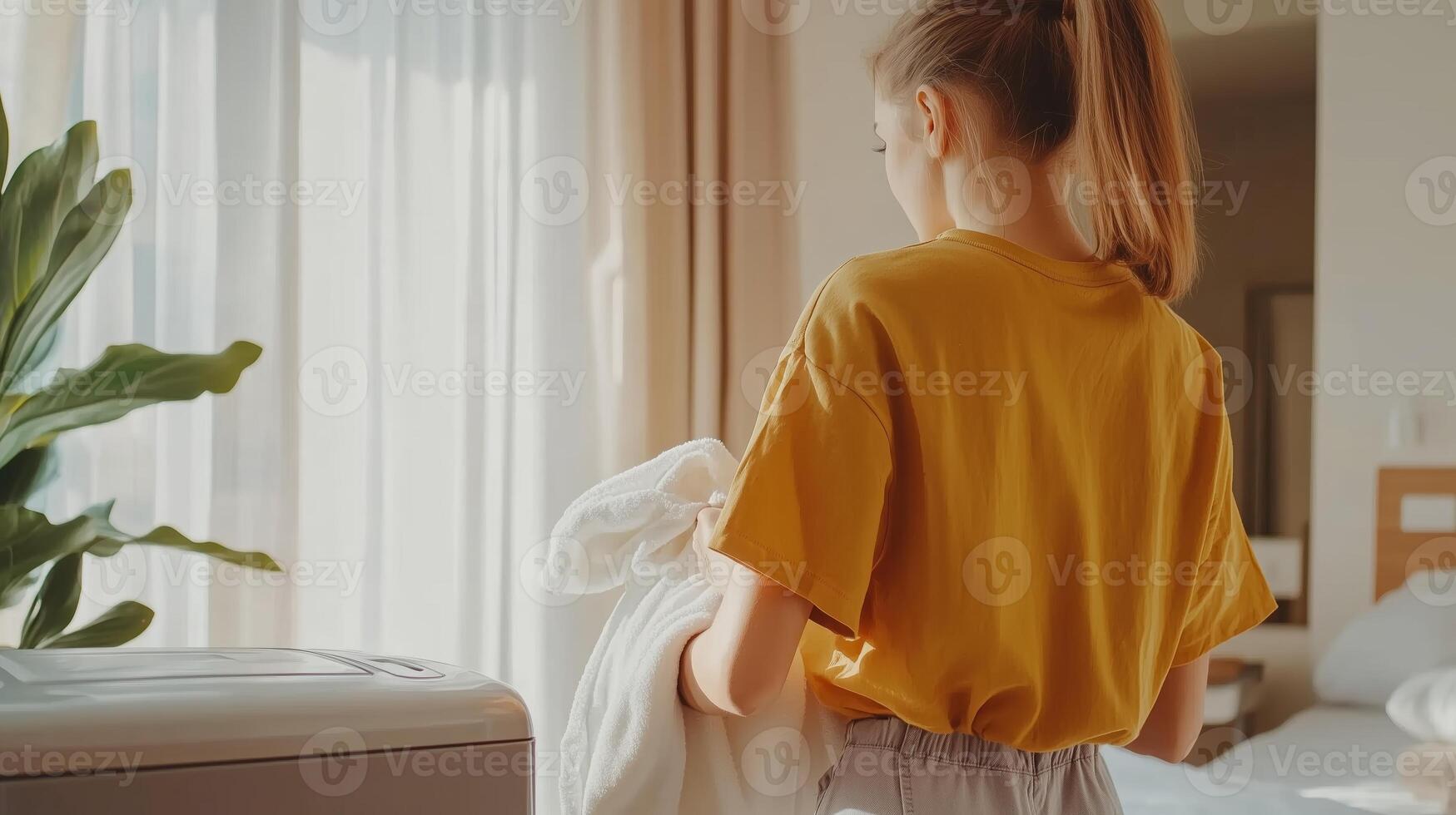 A young girl in a yellow shirt carrying a blanket while standing by a sunny window in a cozy hotel room during the day photo