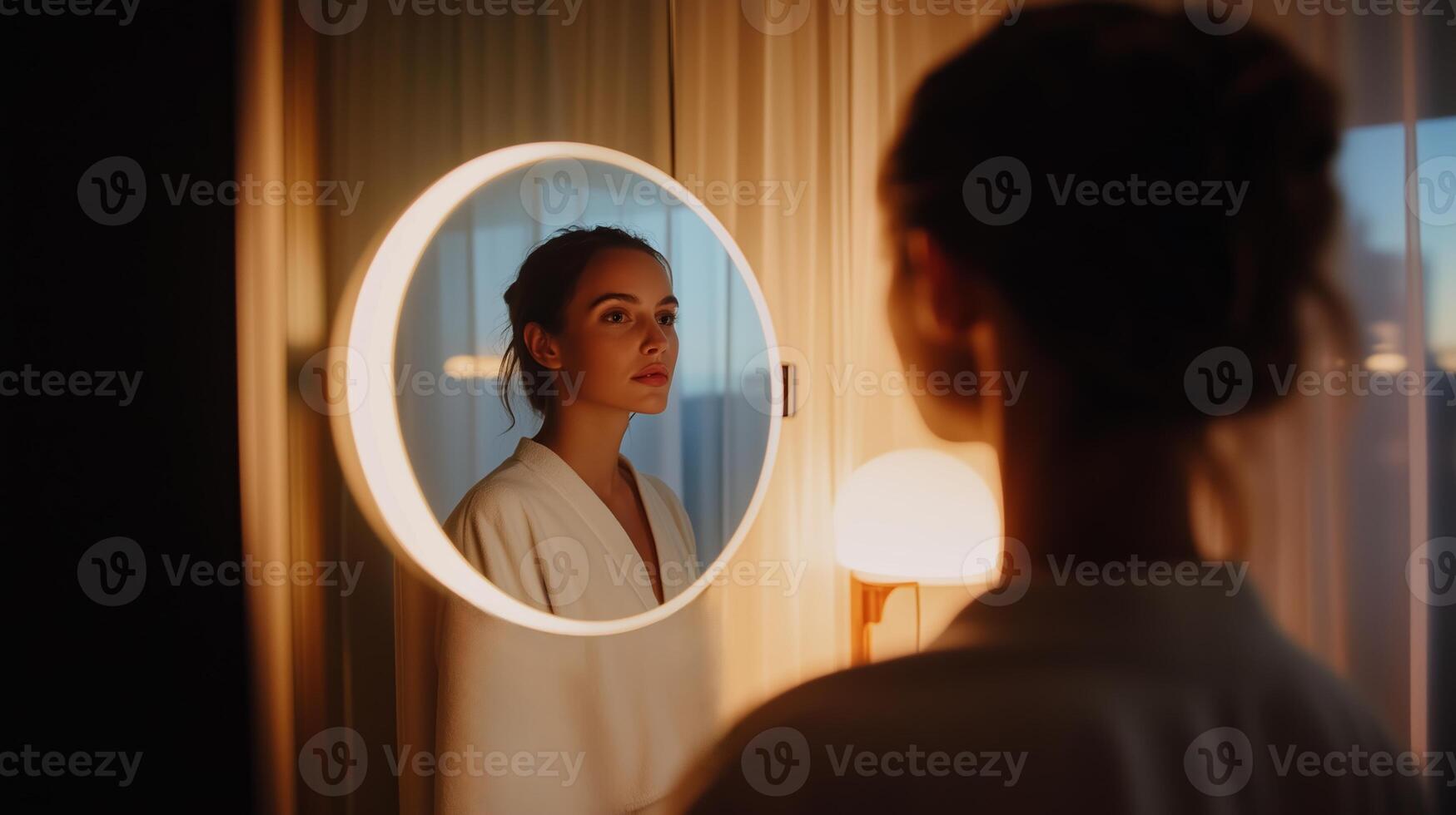 A woman in a robe gazes into a round mirror, reflecting serenity in a softly lit room during the evening photo