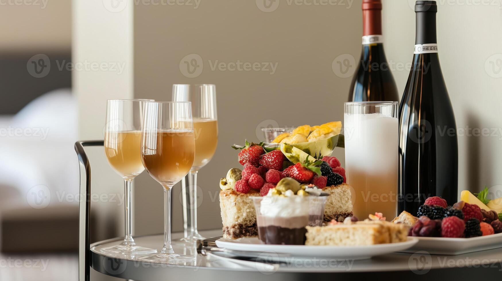 Elegant dessert spread with champagne and fresh fruits on a tray in a luxurious hotel room setting photo