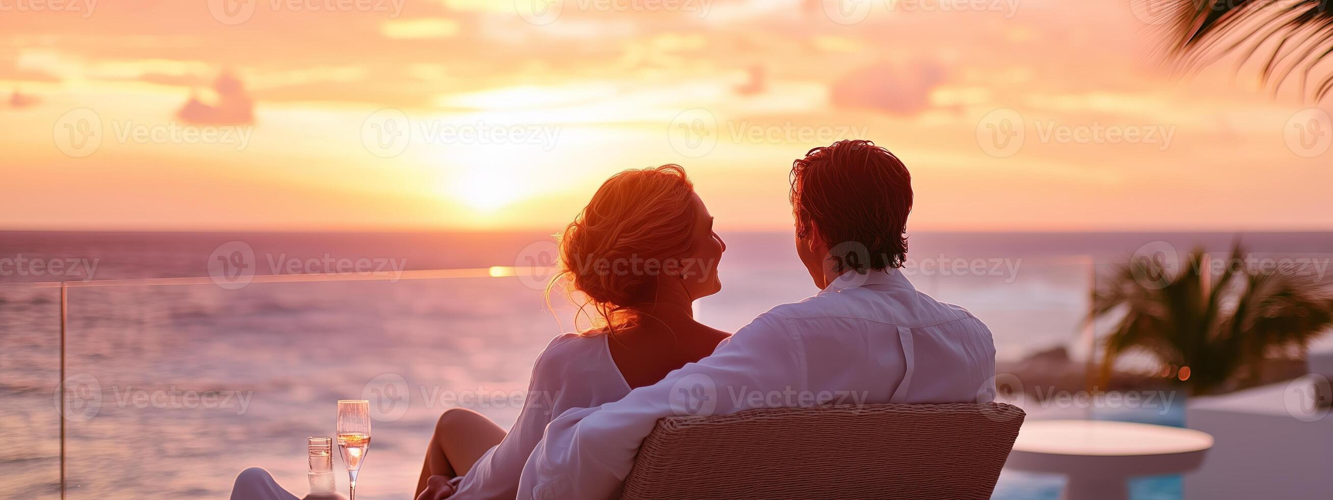 Couple enjoying a romantic sunset view by the ocean at a luxurious resort, sipping drinks and relaxing together photo