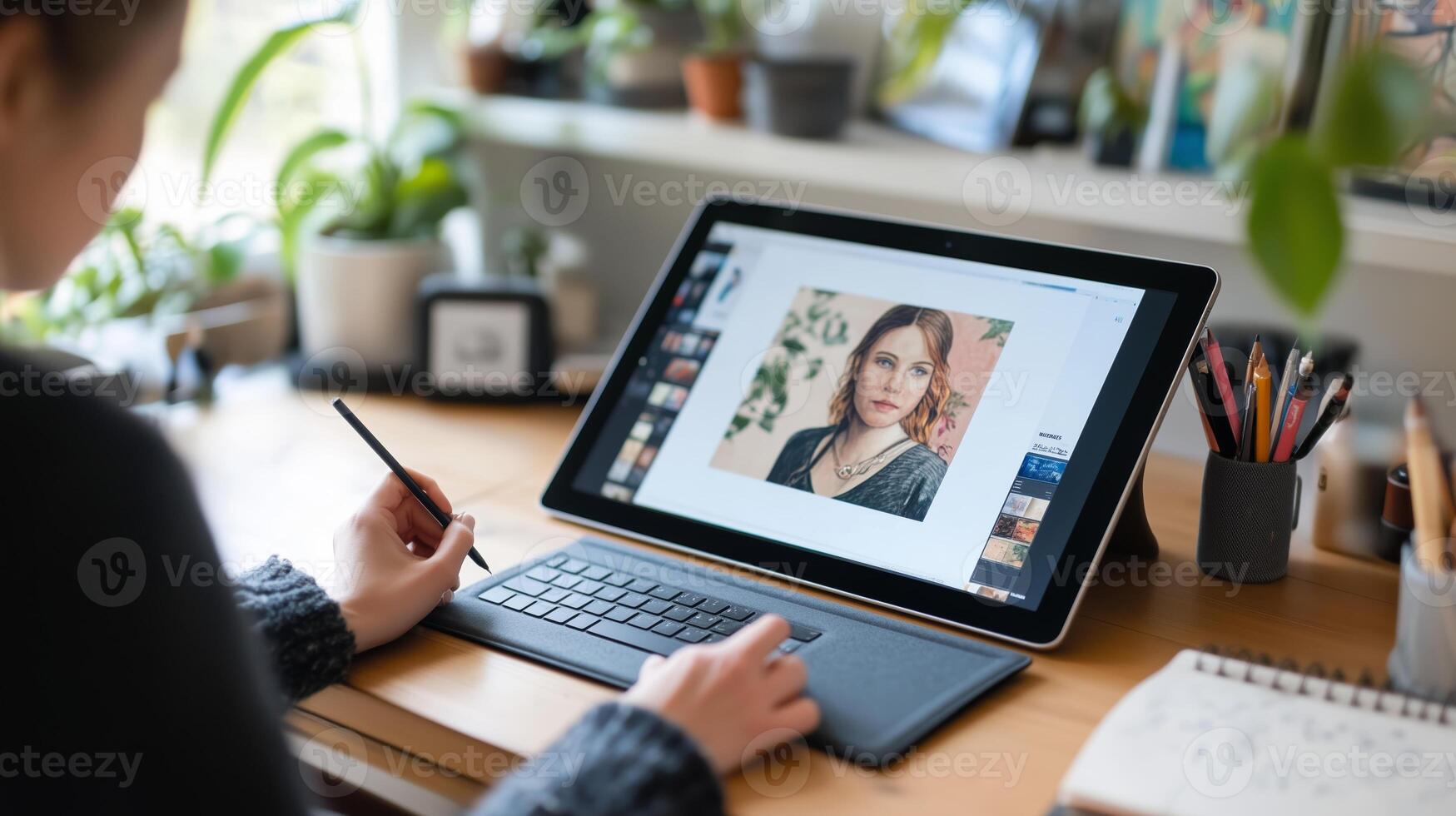 A woman focusing on digital art creation in a cozy workspace filled with plants and personal touches during the afternoon photo