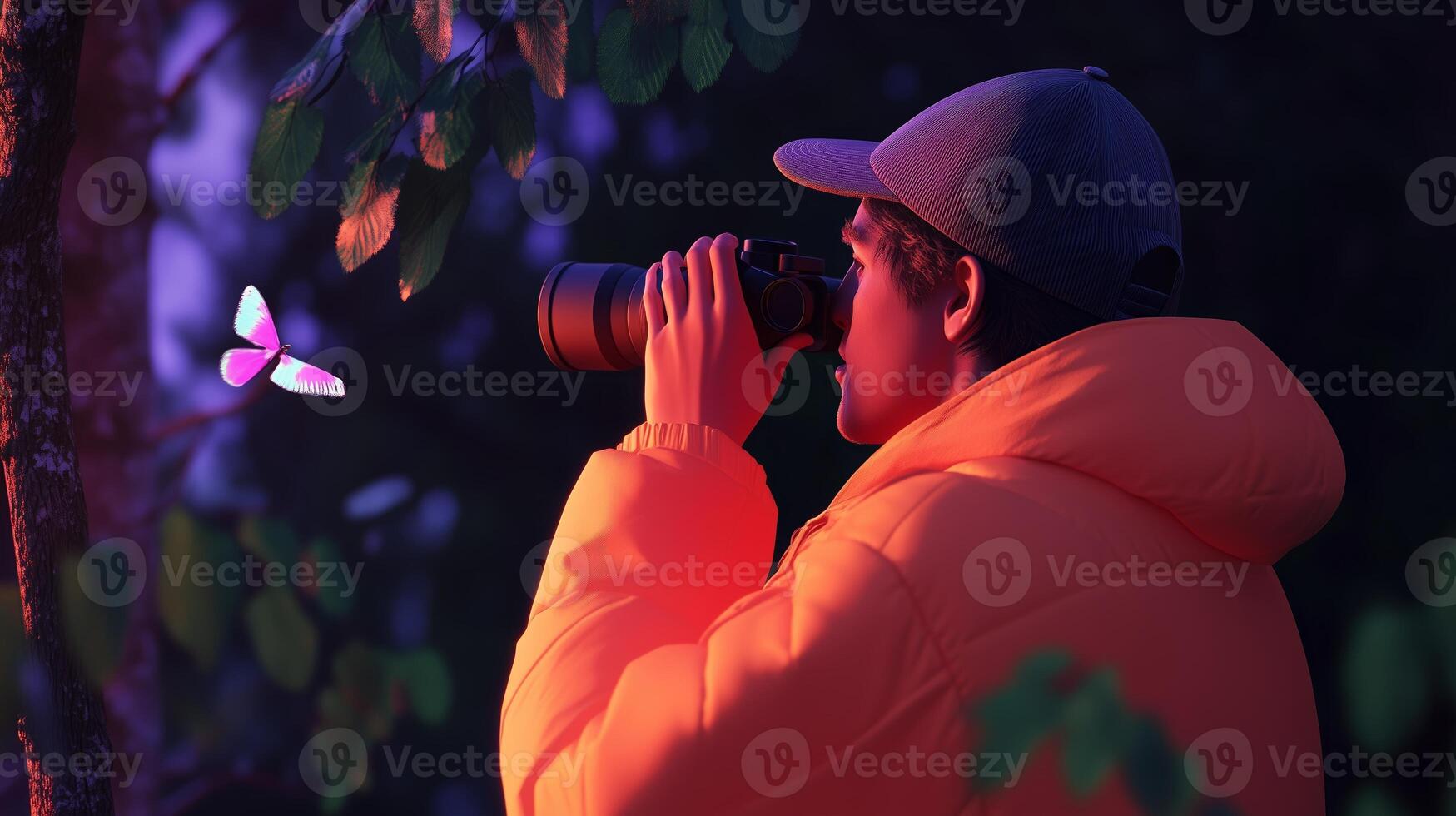 A nature enthusiast observes a butterfly through a camera during twilight in a lush forest setting photo
