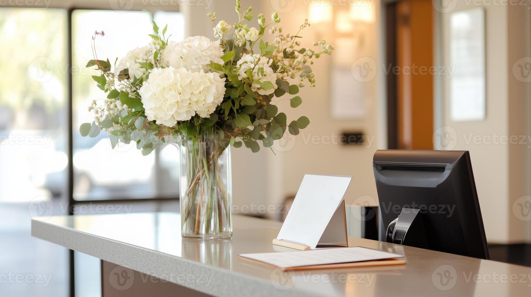 Elegant flower arrangement at a modern reception desk in a bright, welcoming lobby during daytime photo