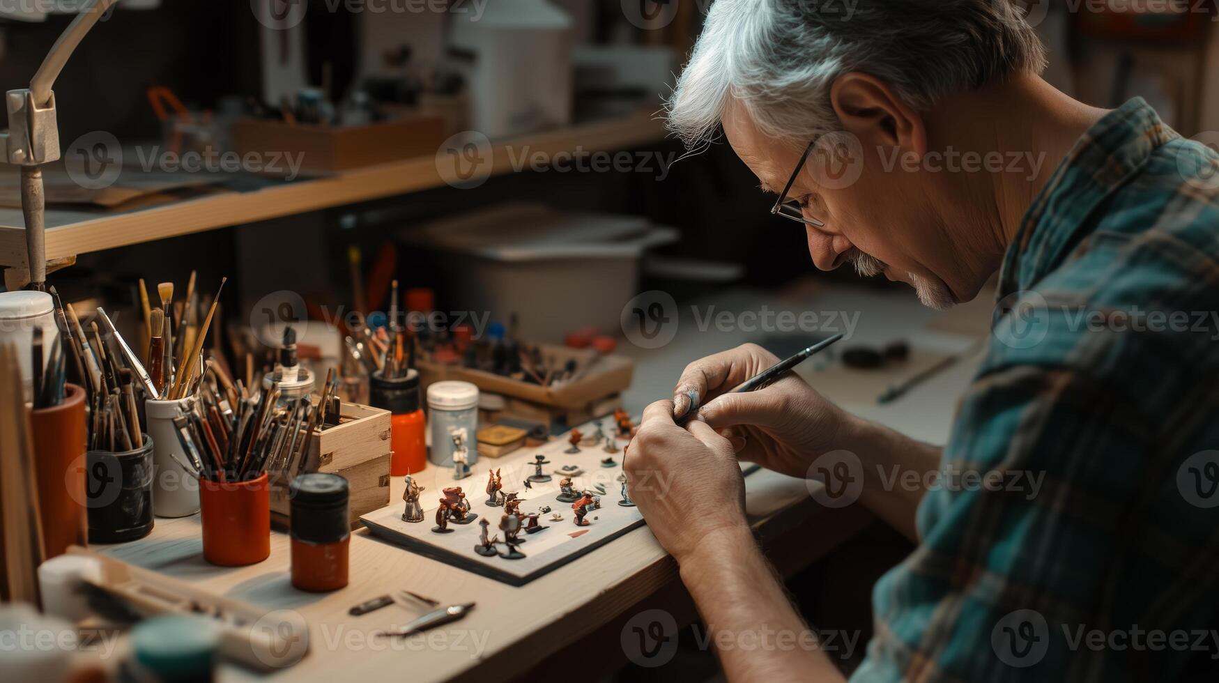 Dedicated craftsman painting miniature figures in a cozy workshop during afternoon light photo