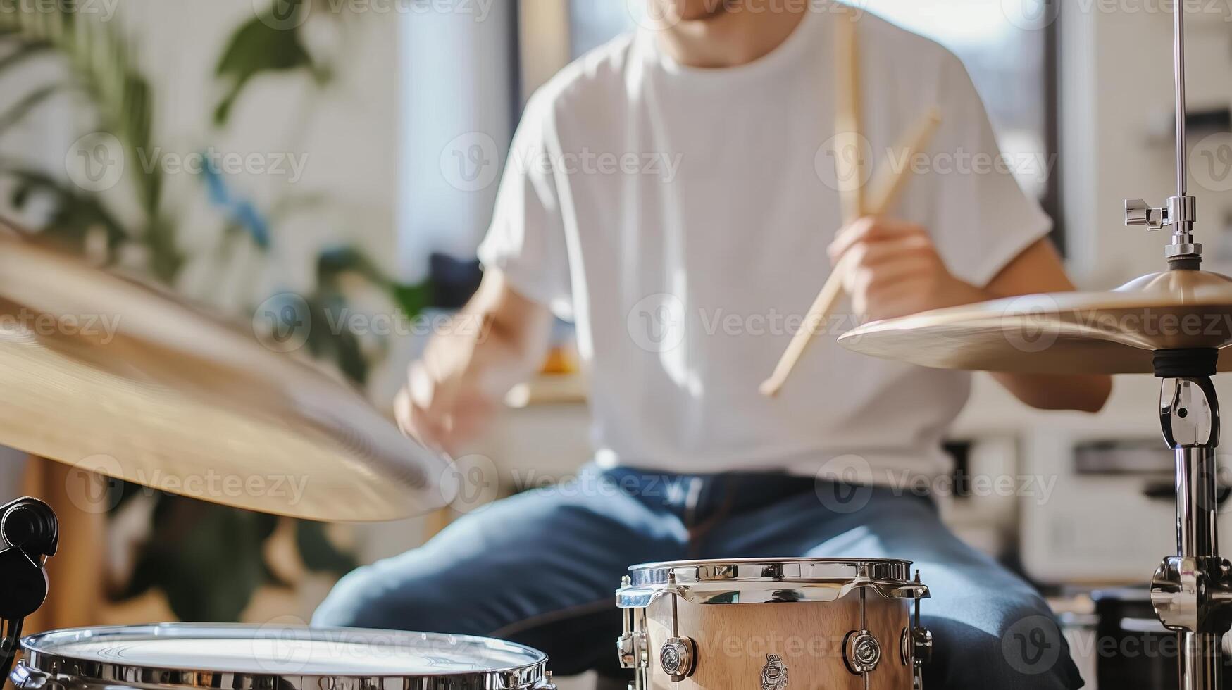 A young man plays the drums enthusiastically in a bright home studio filled with plants and natural light during the afternoon photo