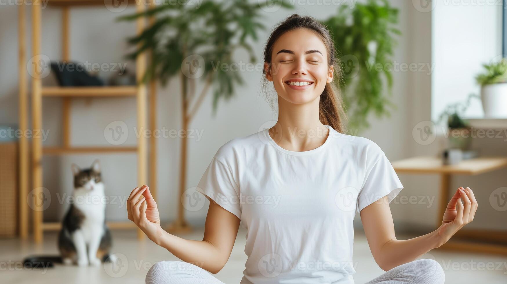 A woman practices mindfulness meditation at home while a cat relaxes nearby in a cozy living room setting photo