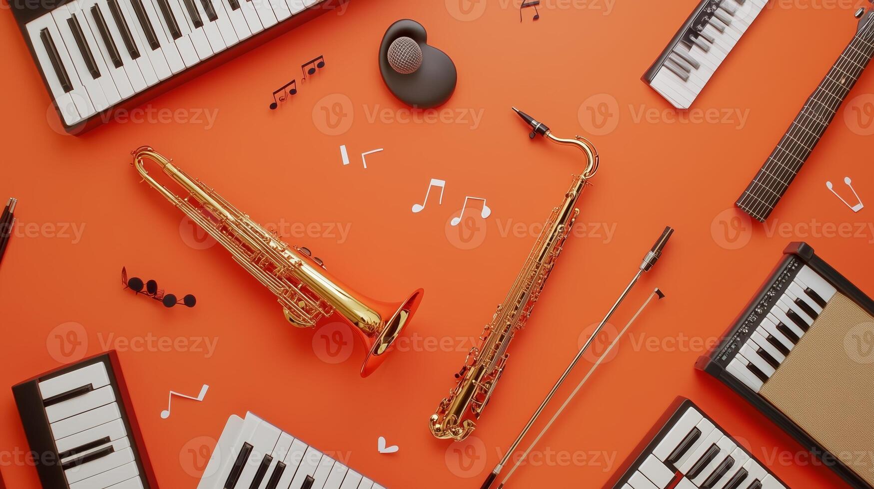 Colorful arrangement of musical instruments and notes on an orange surface highlighting creativity and musicality photo