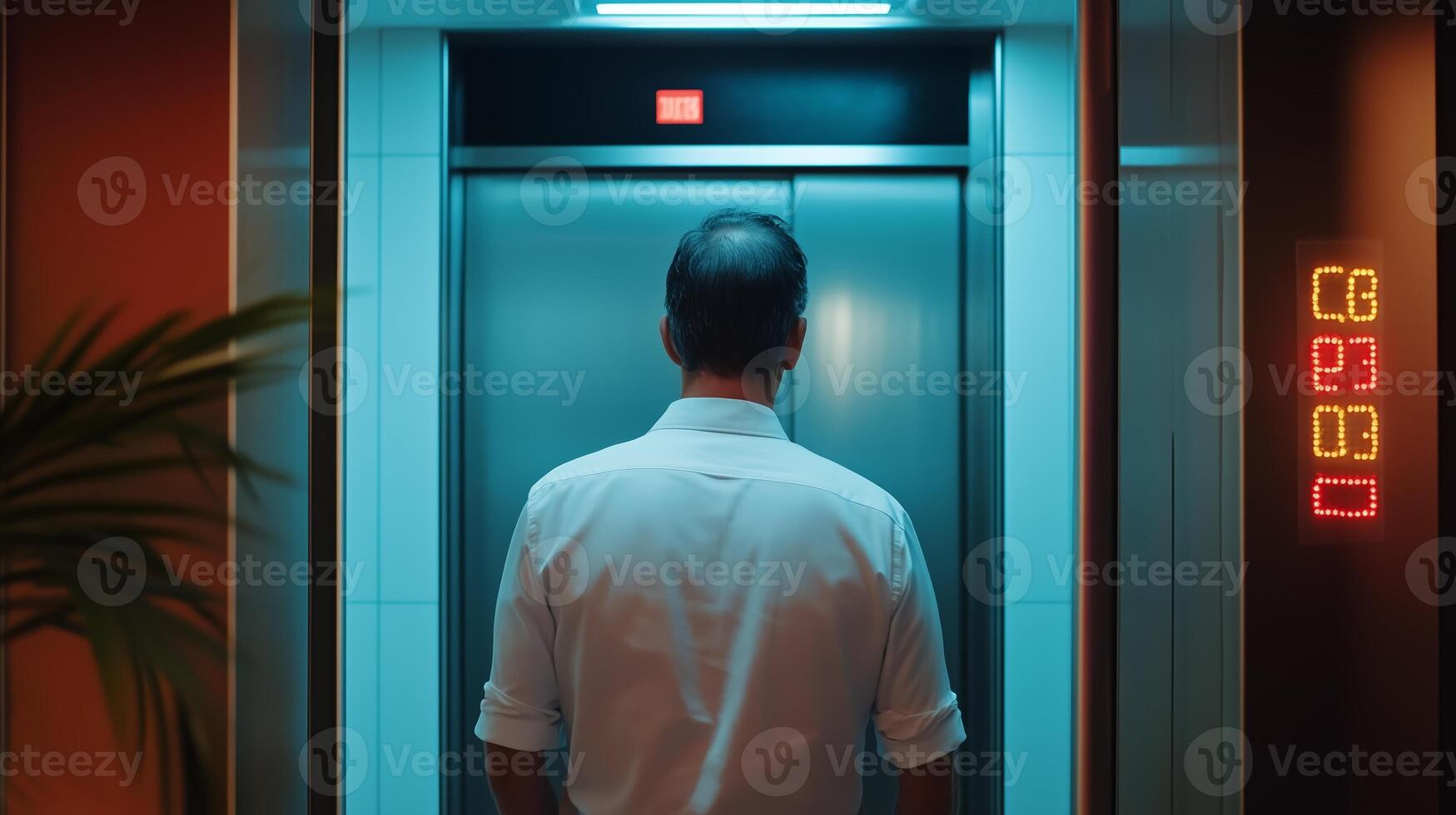 A man stands in front of an elevator with illuminated floor numbers in a modern building at night photo