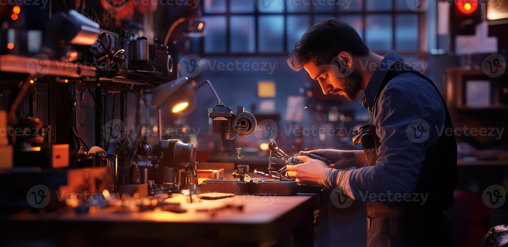 Skilled craftsman engaged in precision work in a dimly lit workshop during late evening hours photo