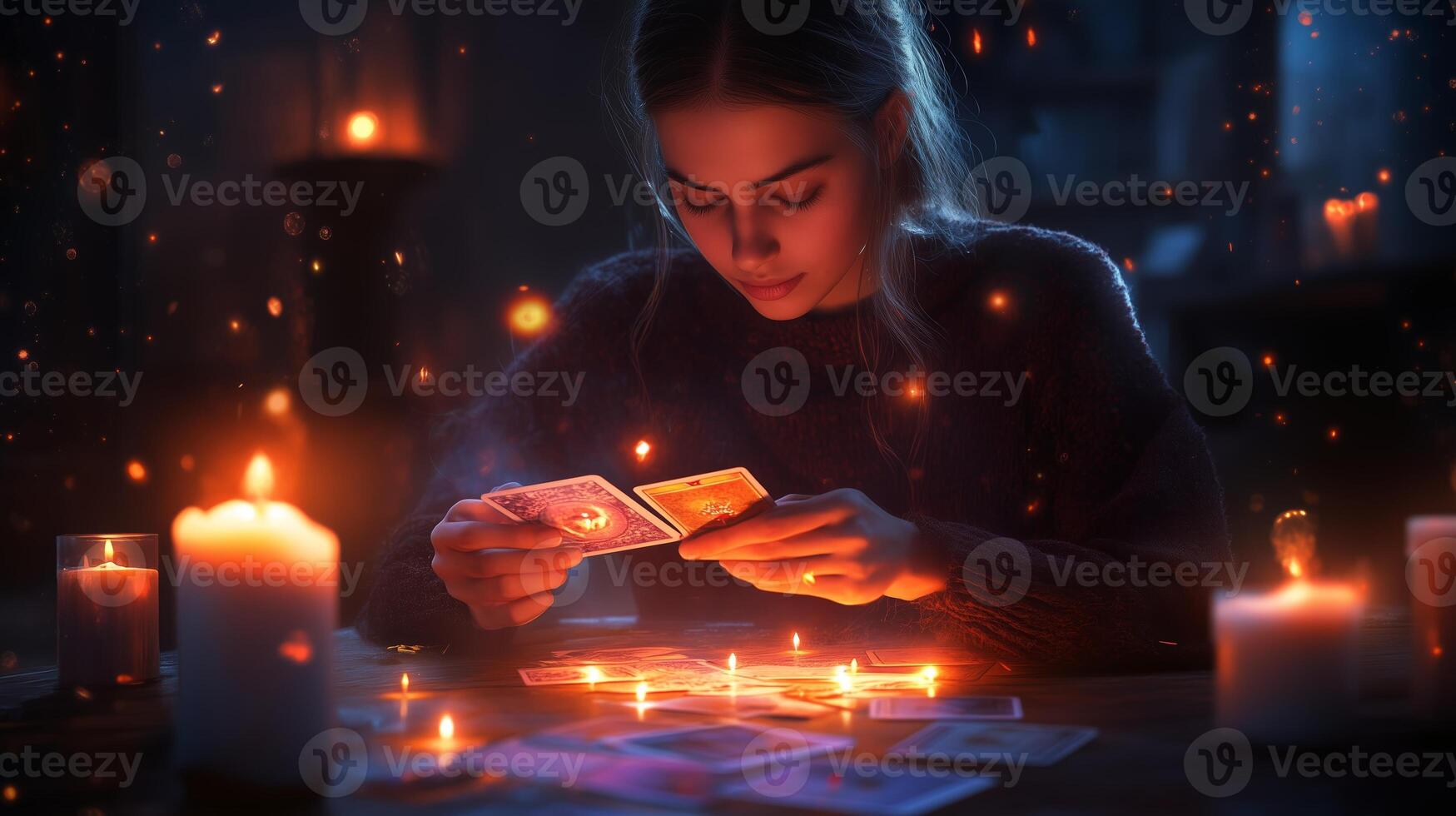A young woman practices tarot card reading under candlelight in a dimly lit room, creating a mystical atmosphere at night photo