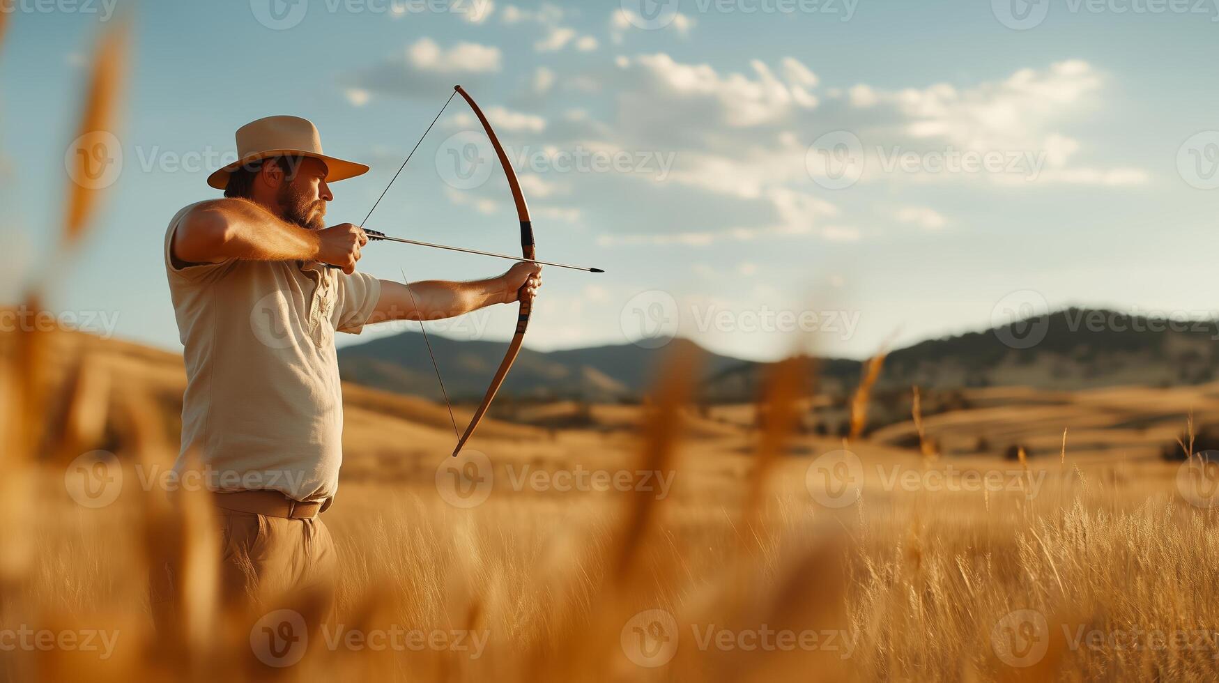 A man practices archery in a golden wheat field under a clear blue sky during the late afternoon sunlight in a rural setting photo