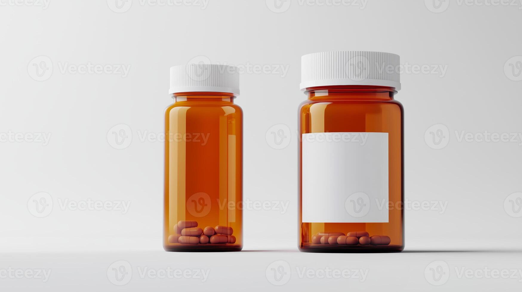 Two amber prescription bottles with white caps in a minimalistic setting showcasing different sizes and contents photo