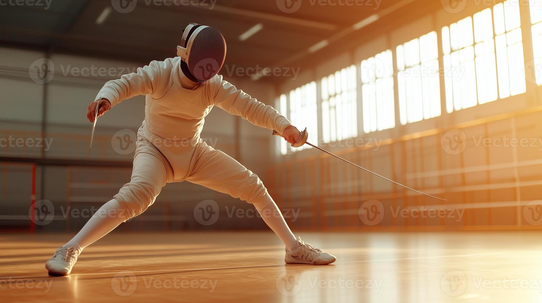 A fencer practices in an illuminated training hall during golden hour, showcasing agility and focus in the sport photo