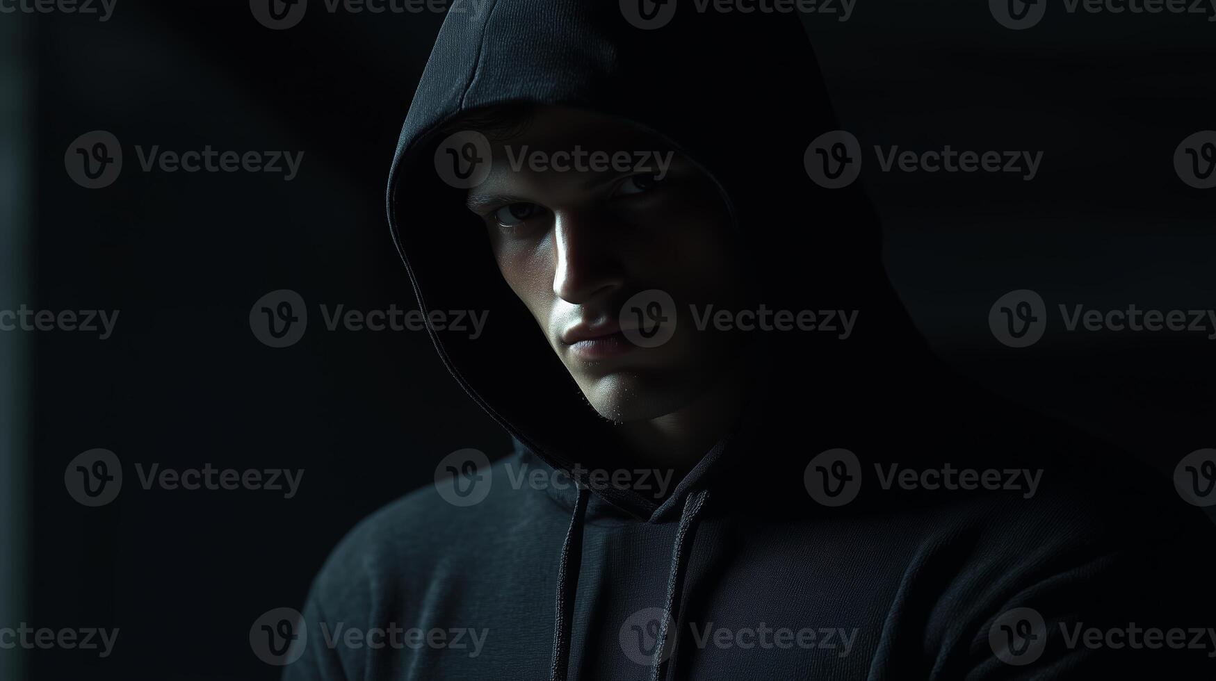 Mysterious figure in a dark hoodie stands in shadowy surroundings during nighttime photo