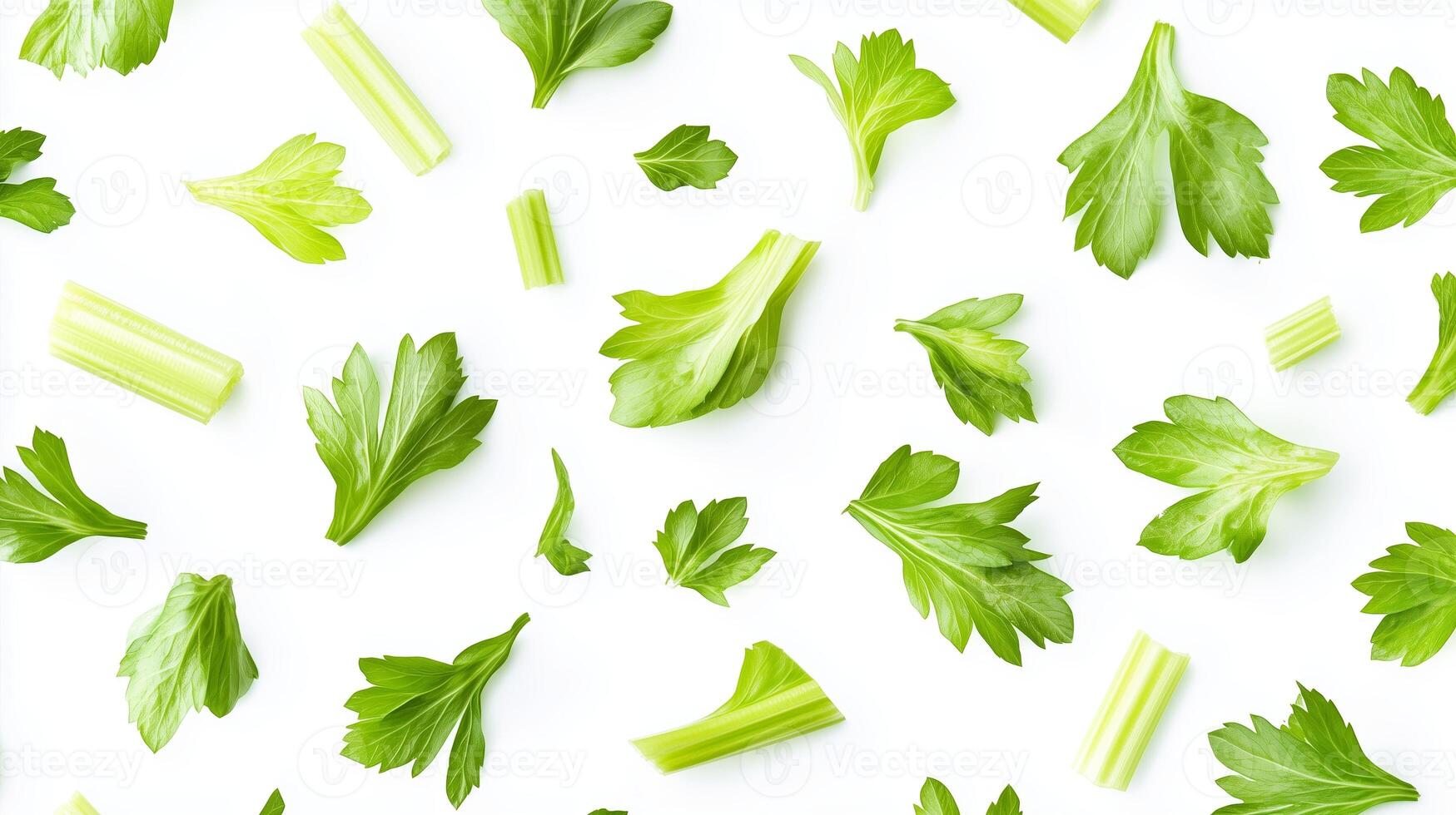 Freshly cut celery leaves and stalks scattered on a white background showcasing their vibrant green color and texture photo
