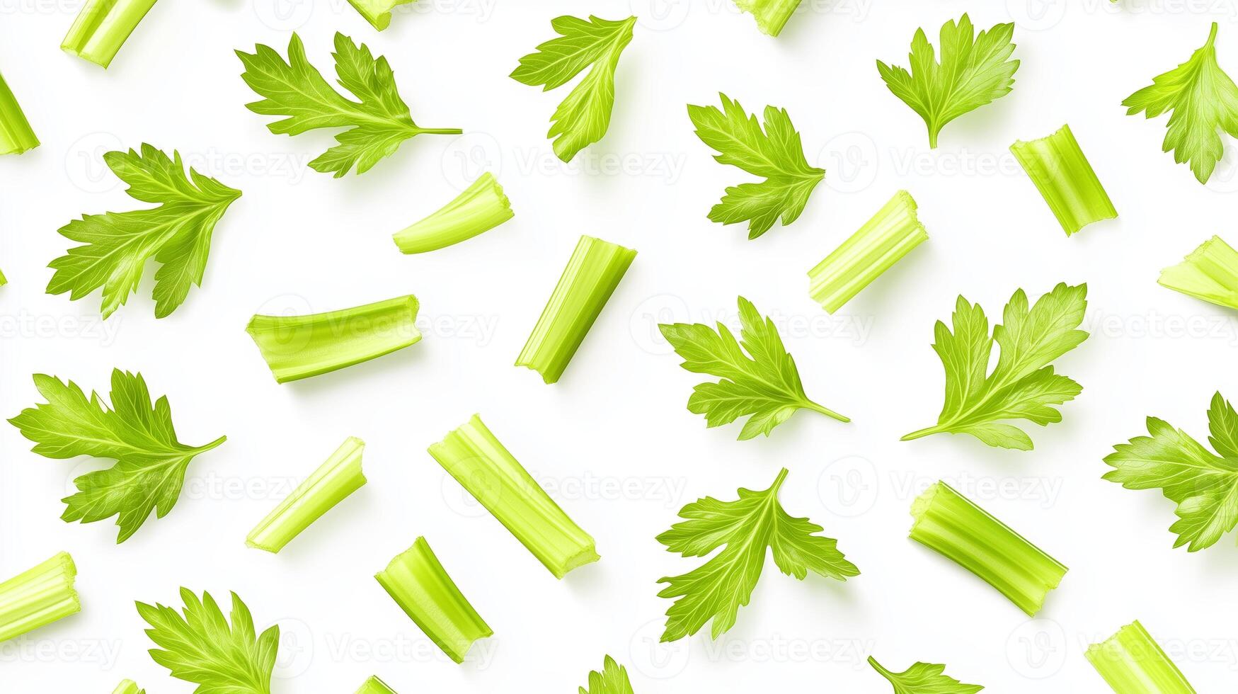 Fresh green celery and parsley leaves arranged artistically on a white background showcasing vibrant textures and colors photo