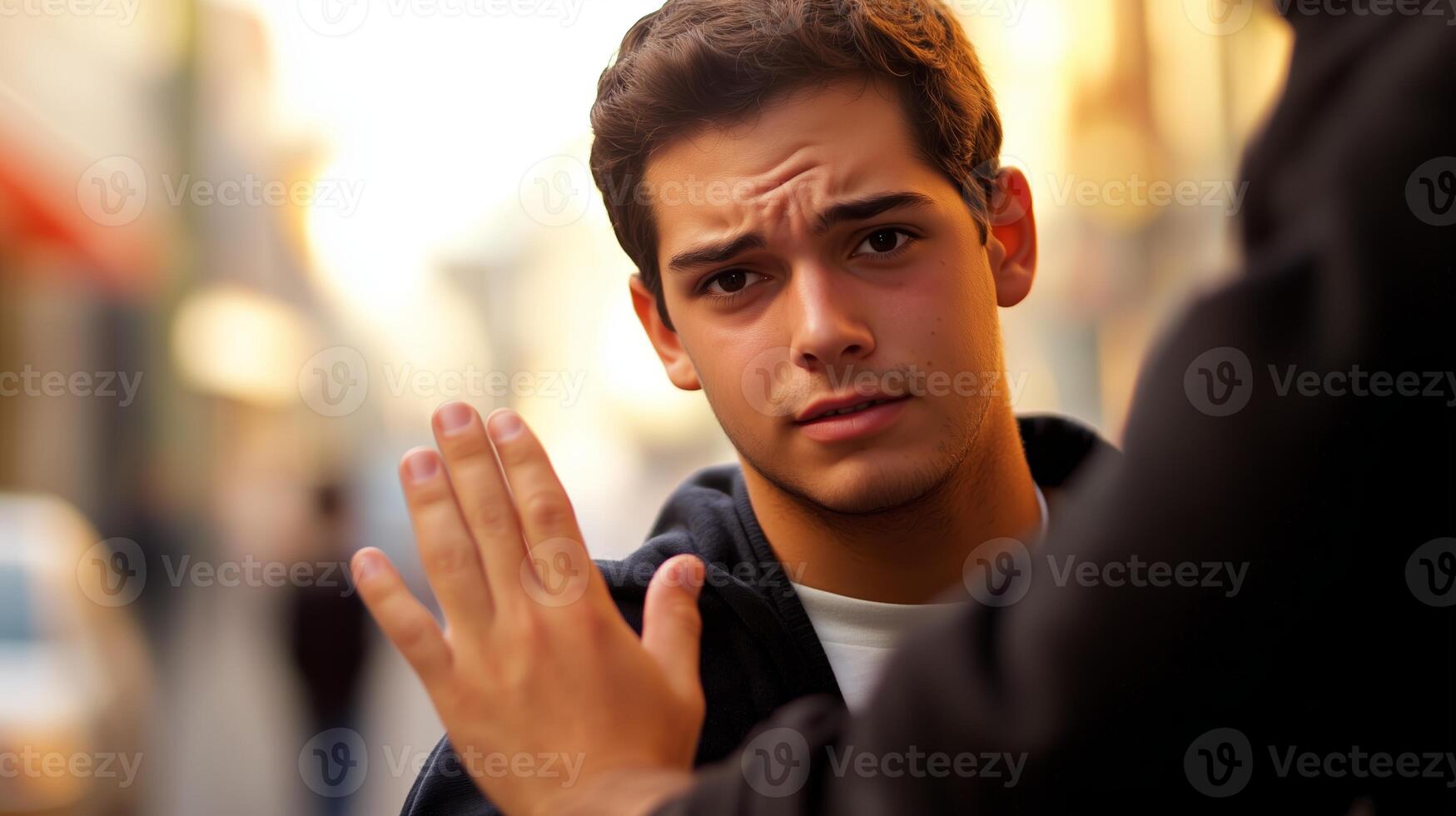 Young man signals to stop in a narrow street during late afternoon, expressing concern or disagreement with an unseen person photo