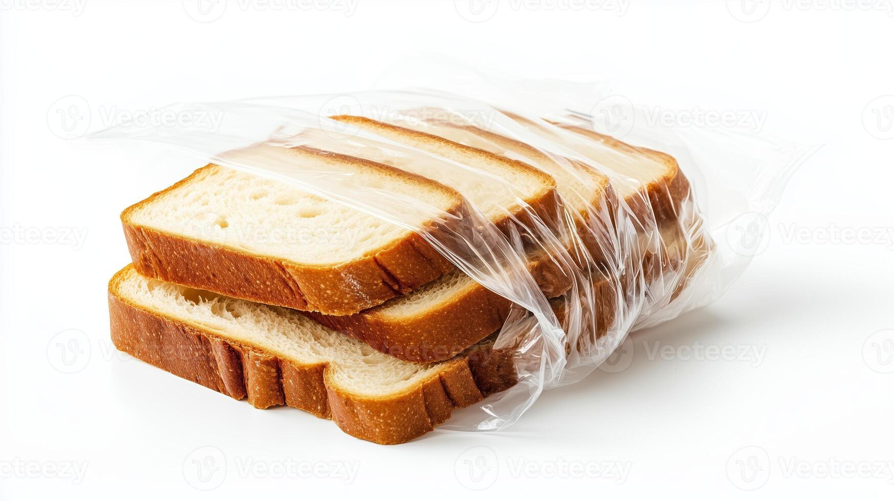 Sliced bread stacked in a clear plastic bag on a clean white surface illustrating convenience food storage photo