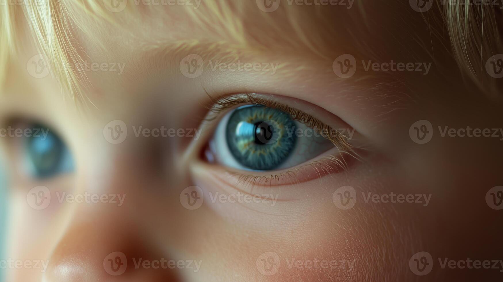 A close-up of a child's captivating blue eyes illuminated by natural light in a cozy indoor environment during the day photo