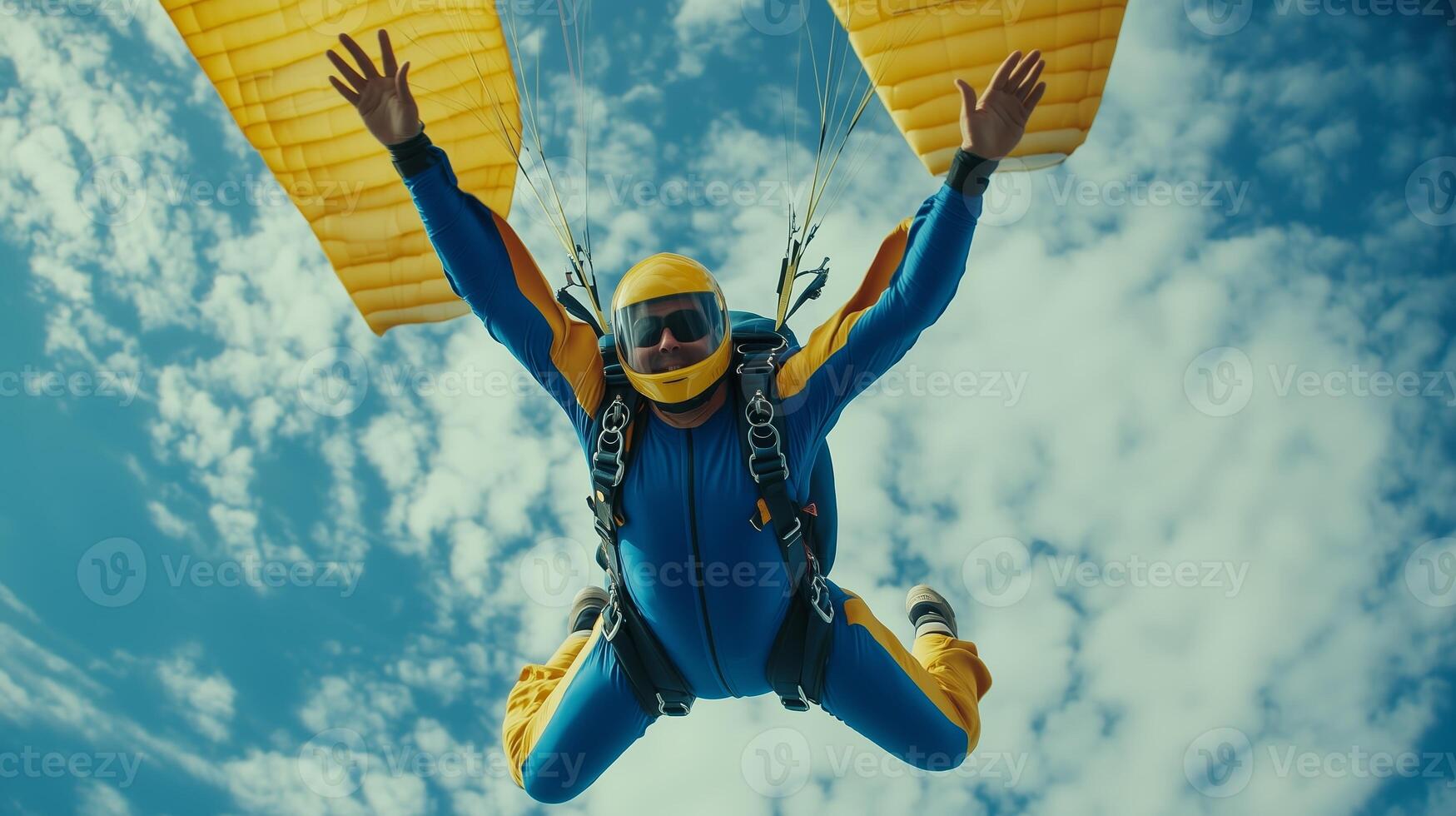 Skydiver performing a thrilling jump with yellow parachutes against a bright blue sky in an exhilarating outdoor adventure photo