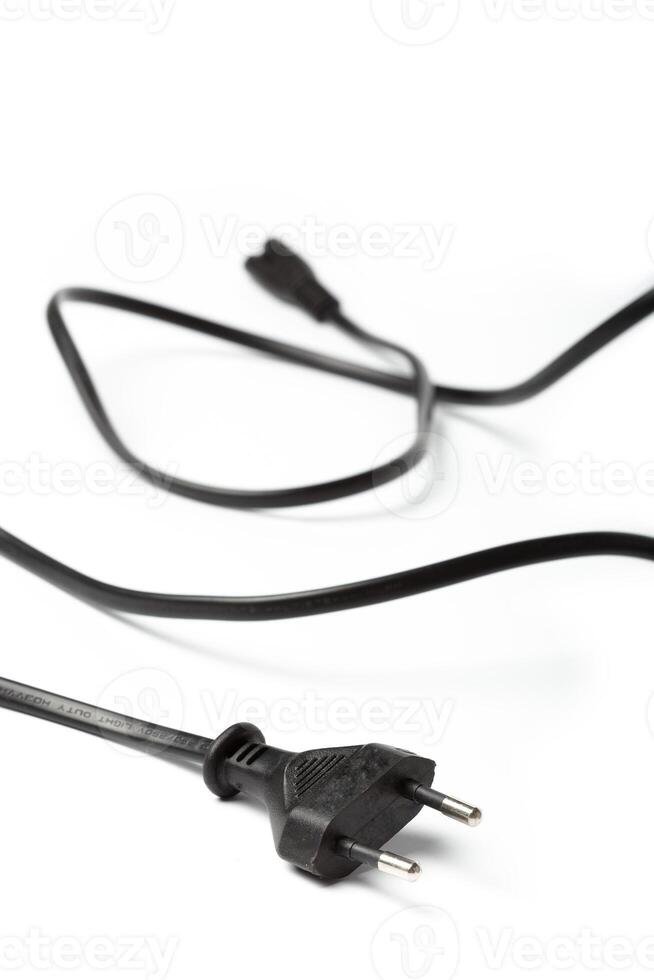 Black power cable with plug and socket isolated on white photo