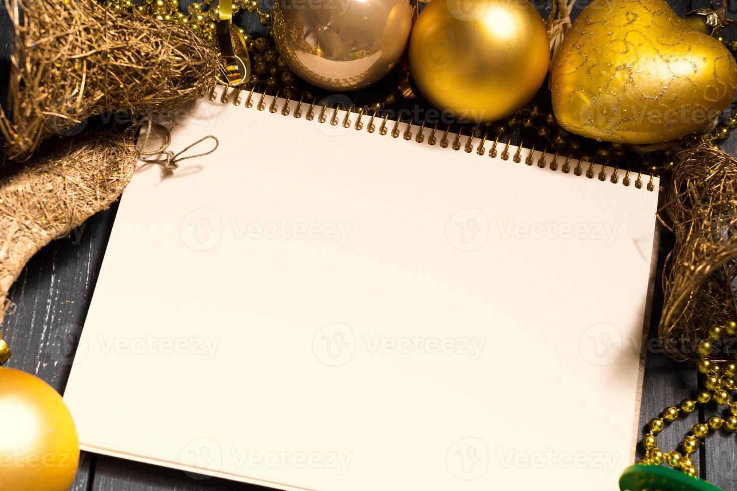 Greeting card mock up with christmas ornaments photo