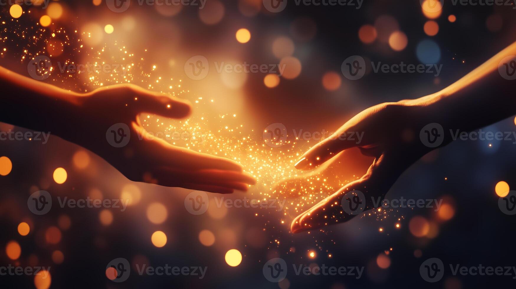 Two hands reaching towards each other with sparkling light in a soft, glowing background at twilight, symbolizing connection and unity photo