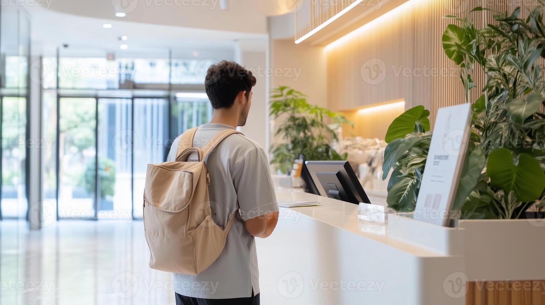 Young man with a backpack checks in at a modern hotel reception desk during the daytime in an urban setting photo