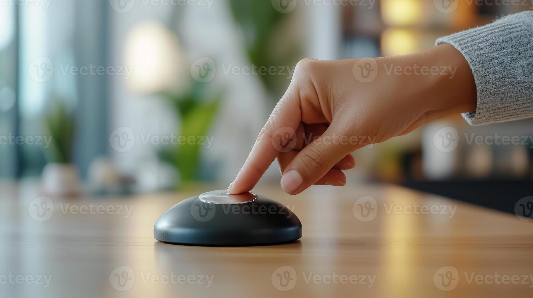 Hand pressing a modern black button on a wooden table in a bright and airy workspace during daylight hours photo