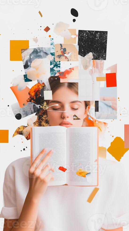 Woman holding a book in front of her face surrounded by vibrant abstract shapes and colors, creating a lively atmosphere of creativity photo
