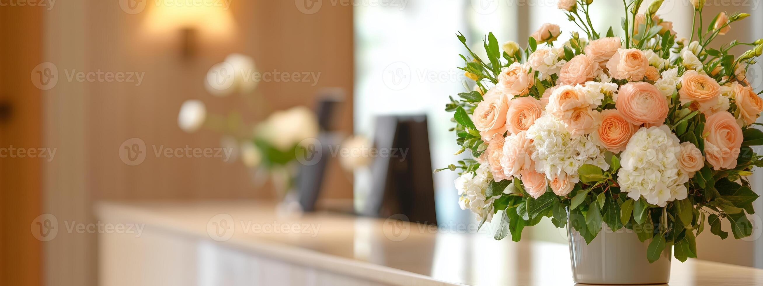 Beautiful floral arrangements in a modern reception area showcasing pastel colors and elegant design aesthetics photo