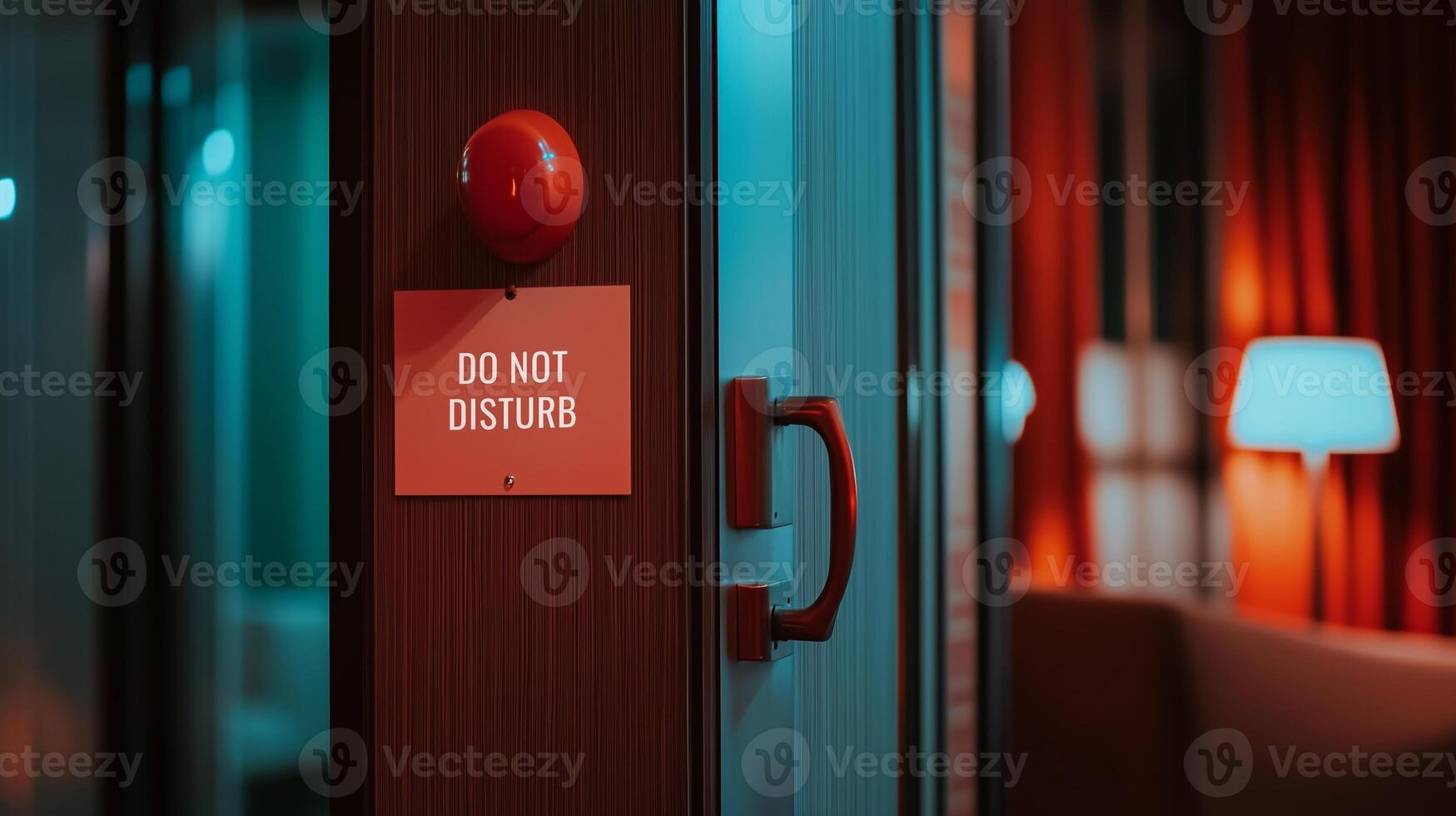 A quiet hotel room with a do not disturb sign hanging on the door and soft colorful lights illuminating the space at night photo