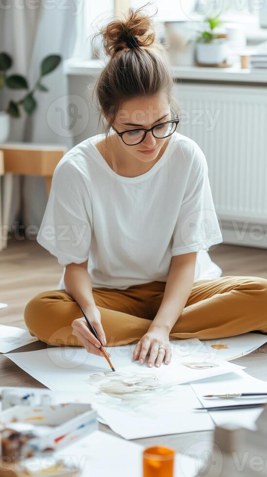 A creative woman practices painting on paper while sitting cross-legged in a bright room filled with art supplies photo