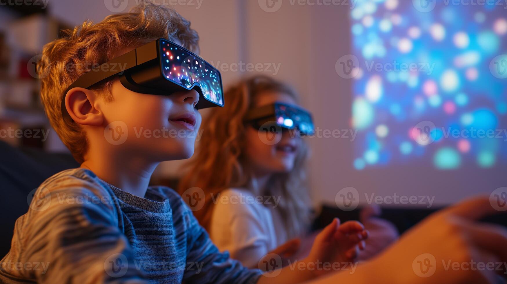 Children enjoying a colorful projection with 3D glasses at home during an evening gathering with friends photo