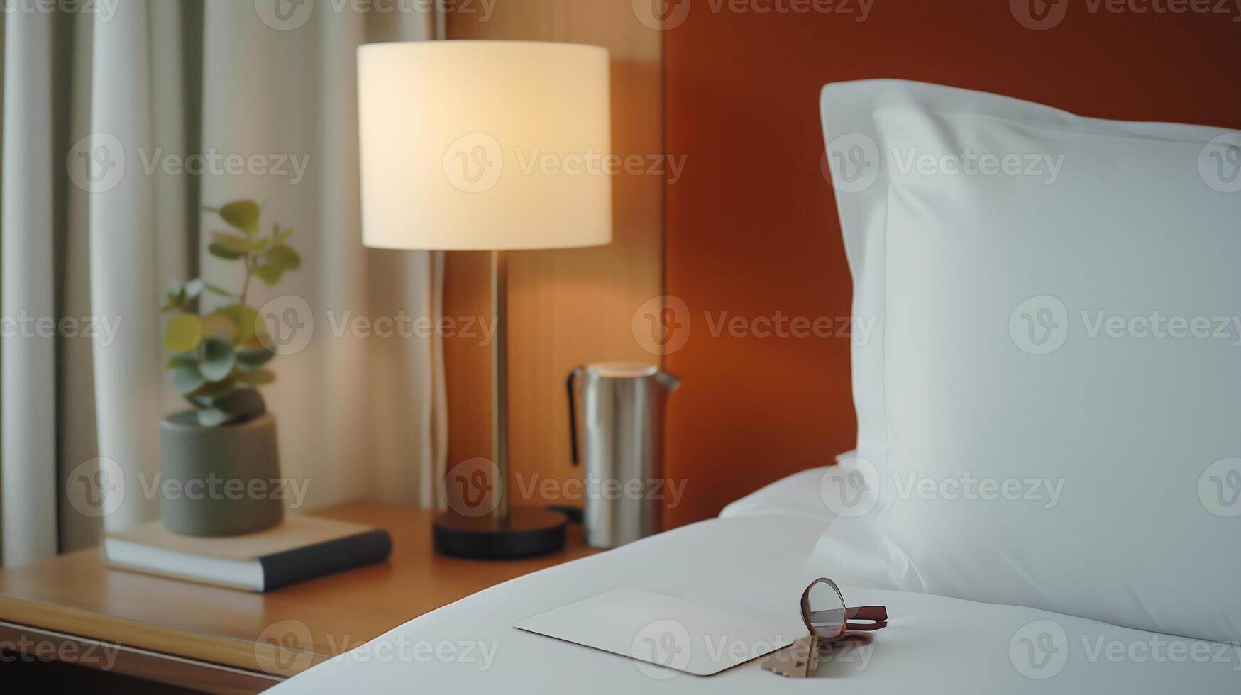 Cozy hotel room with a neatly made bed, a bedside lamp, and personal items on the table near a window during the afternoon photo