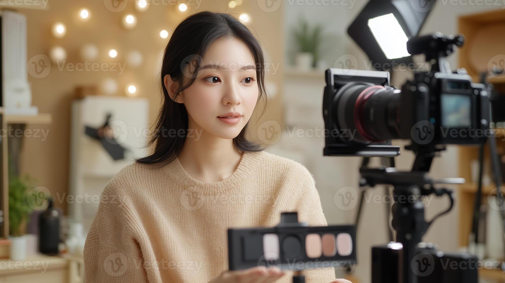 Young woman demonstrating cosmetics in a cozy studio setting with a camera focused on her during a beauty tutorial session photo
