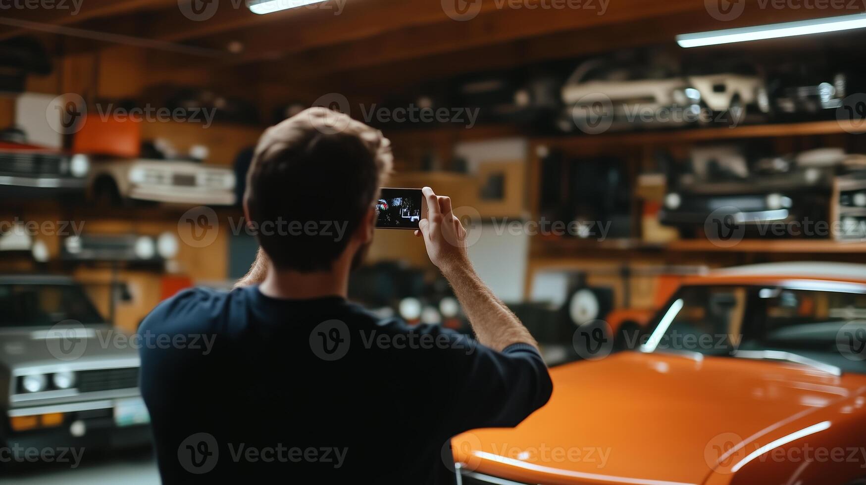 A person capturing an orange vintage car in a classic car garage filled with various models at night photo