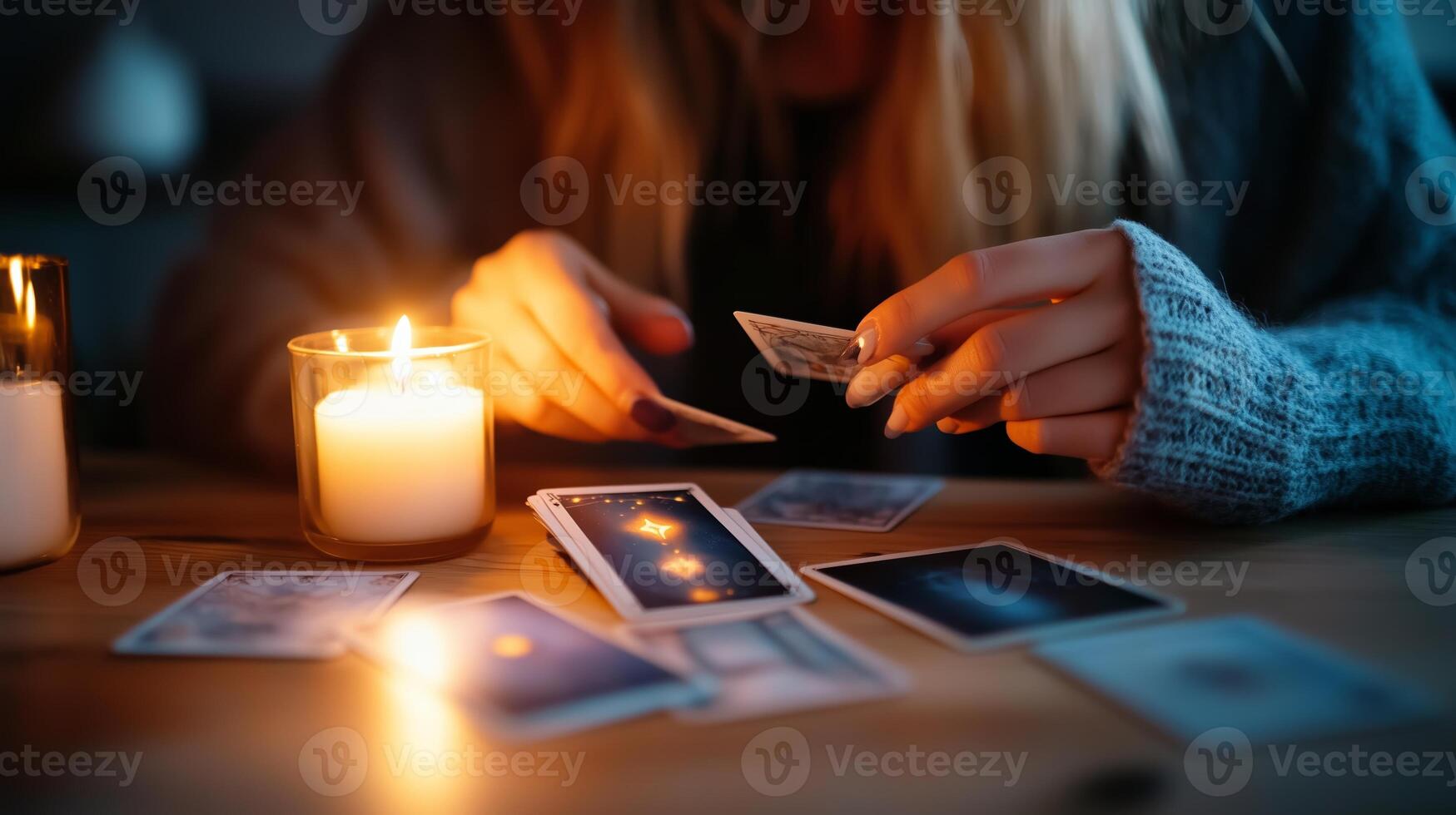 A person engaged in tarot card reading with candles illuminating a dimly lit room during a mystical evening photo